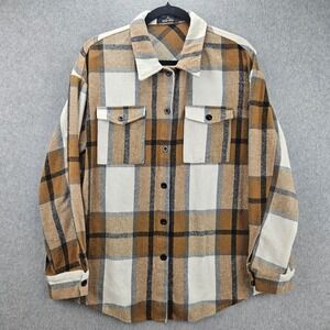 TRENDY QUEEN | Brown Plaid Flannel Shacket Womens Medium Cozy cabincore